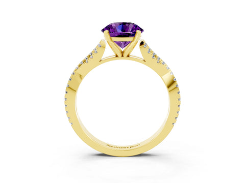 Yellow gold Round Cut Amethyst Solitaire Engagement Ring with Twisted Pavé Band and Four-Prong Setting_15