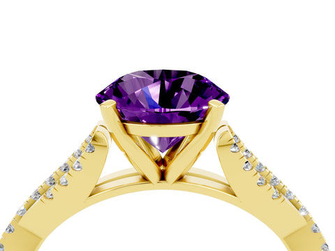 Yellow gold Round Cut Amethyst Solitaire Engagement Ring with Twisted Pavé Band and Four-Prong Setting_16