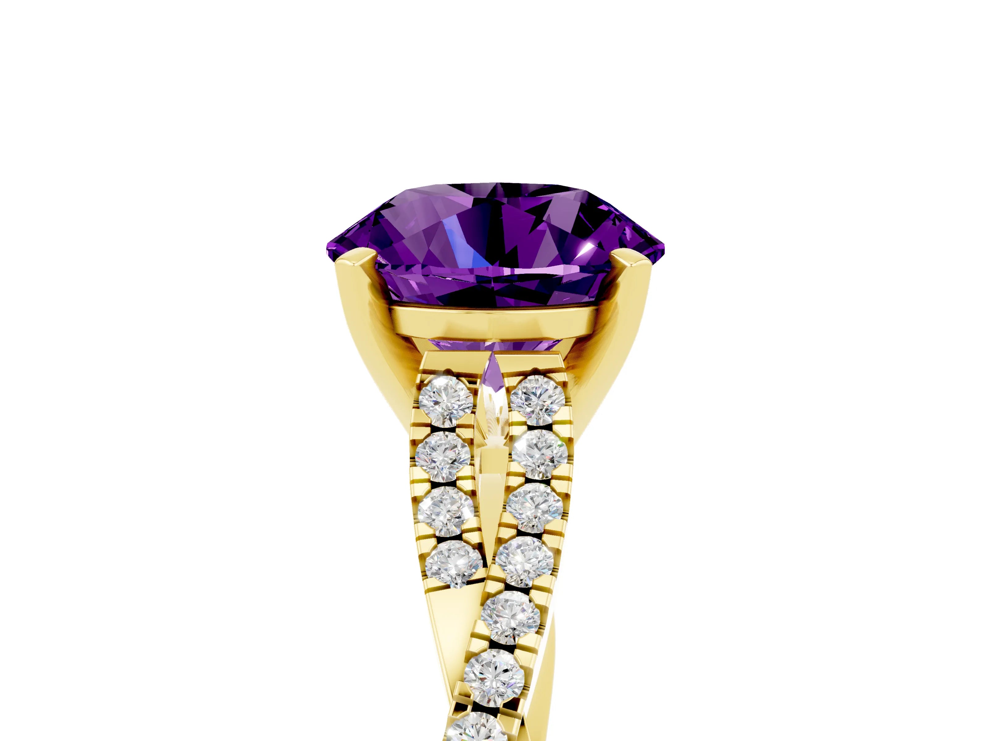 Yellow gold Round Cut Amethyst Solitaire Engagement Ring with Twisted Pavé Band and Four-Prong Setting_17