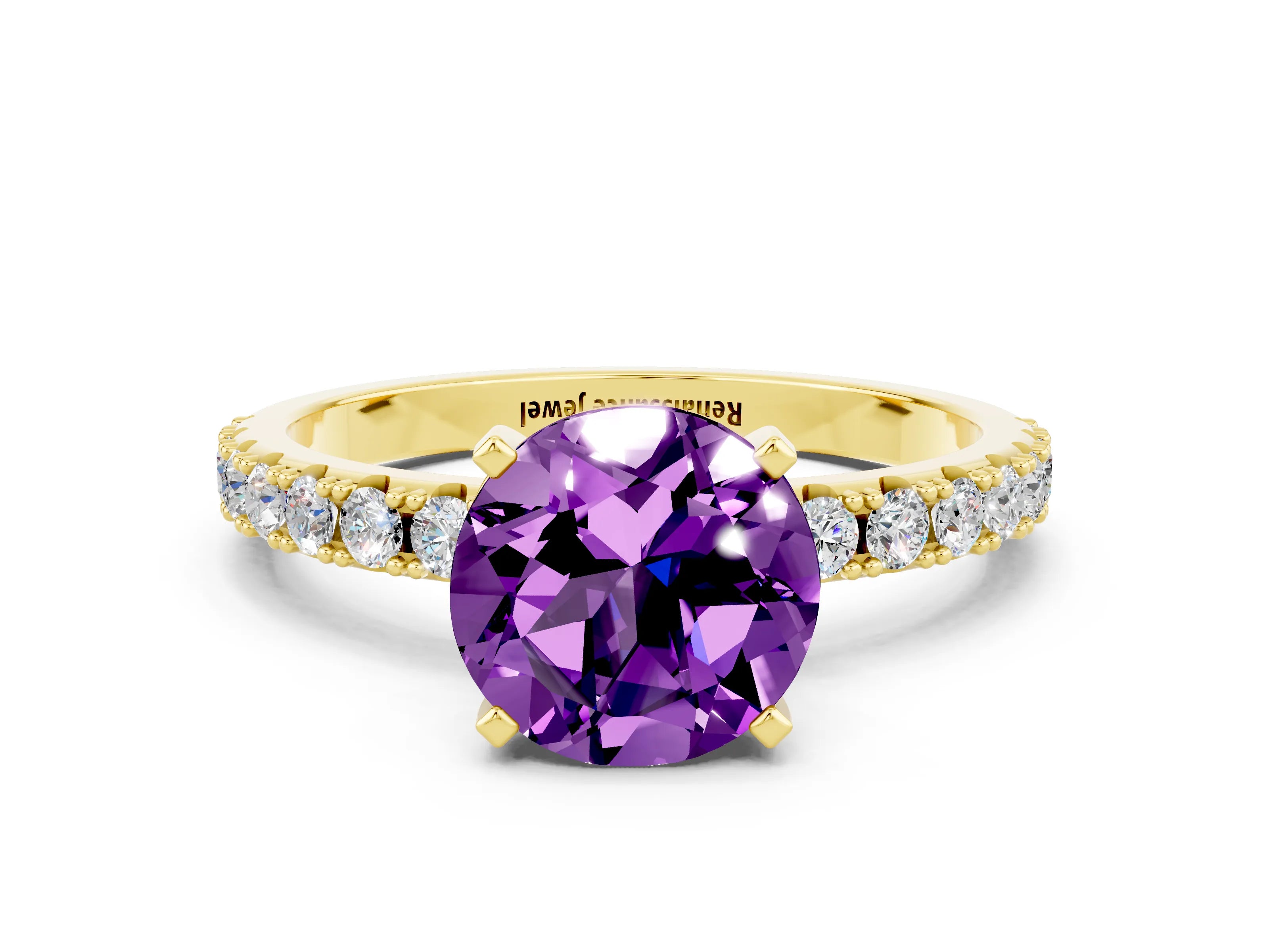 Yellow gold Round Cut Amethyst Solitaire Pavé Band with Four-Prong Setting