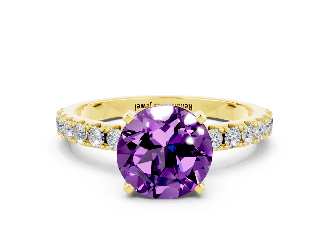 Yellow gold Round Cut Amethyst Solitaire Pavé Band with Four-Prong Setting
