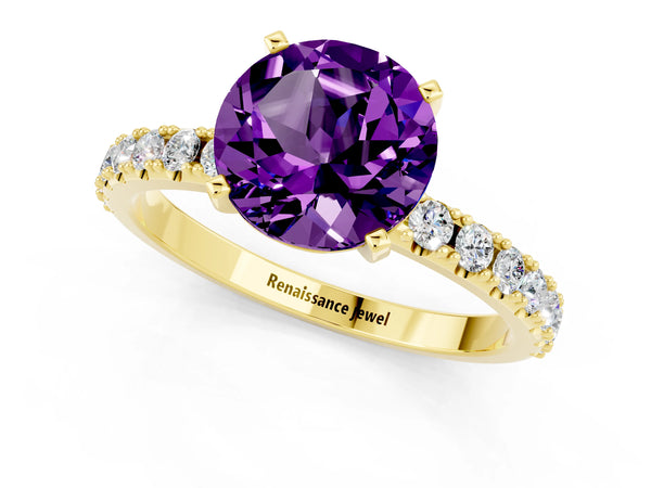 Yellow gold Round Cut Amethyst Solitaire Pavé Band with Four-Prong Setting