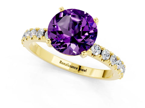 Yellow gold Round Cut Amethyst Solitaire Pavé Band with Four-Prong Setting_1