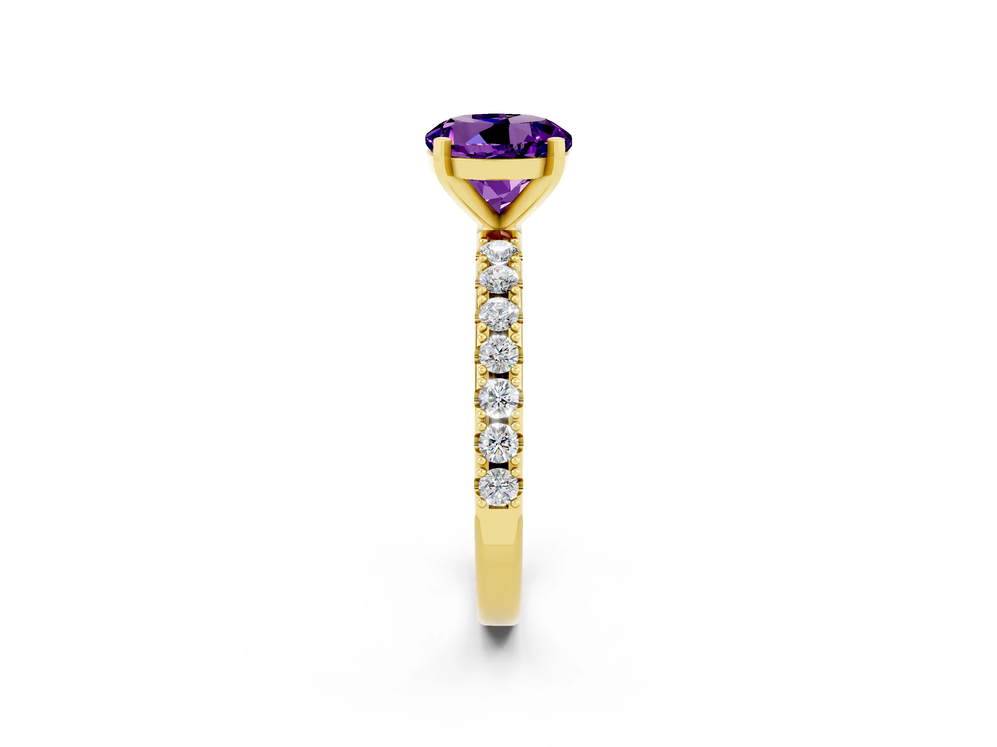 Yellow gold Round Cut Amethyst Solitaire Pavé Band with Four-Prong Setting_2