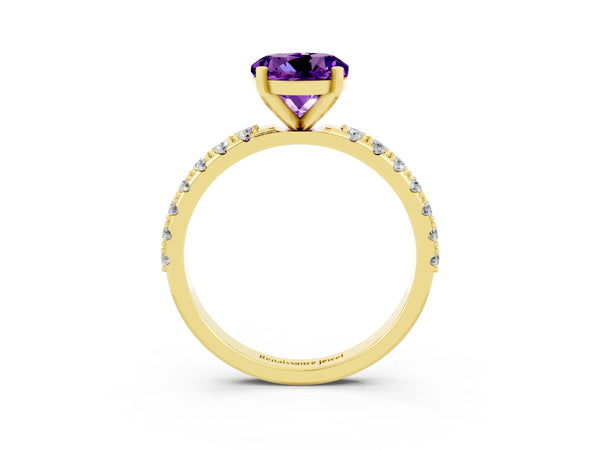 Yellow gold Round Cut Amethyst Solitaire Pavé Band with Four-Prong Setting
