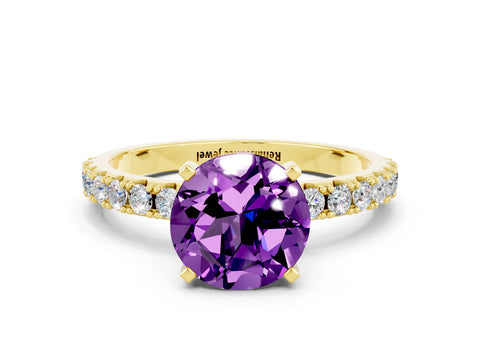 Yellow gold Round Cut Amethyst Solitaire Pavé Band with Four-Prong Setting