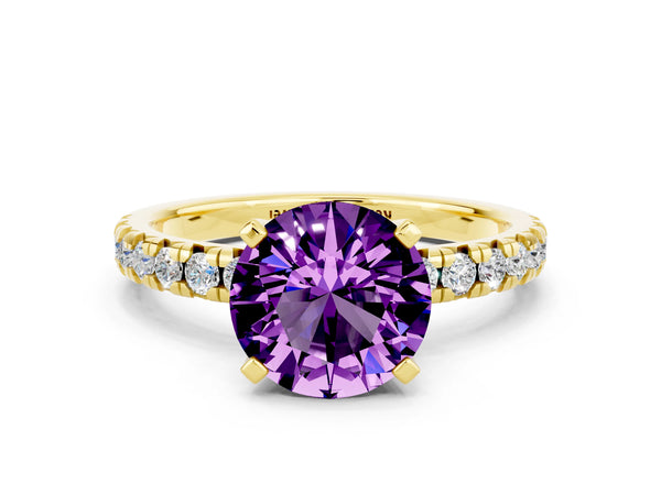 Yellow gold Round Cut Amethyst Solitaire Pavé Engagement Ring with Round Band and Prong Setting