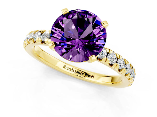 Yellow gold Round Cut Amethyst Solitaire Pavé Engagement Ring with Round Band and Prong Setting