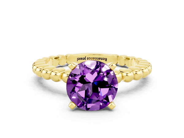 Yellow gold Round Cut Amethyst Solitaire Ring with Beaded Band and Prong Setting