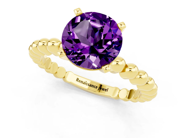 Yellow gold Round Cut Amethyst Solitaire Ring with Beaded Band and Prong Setting