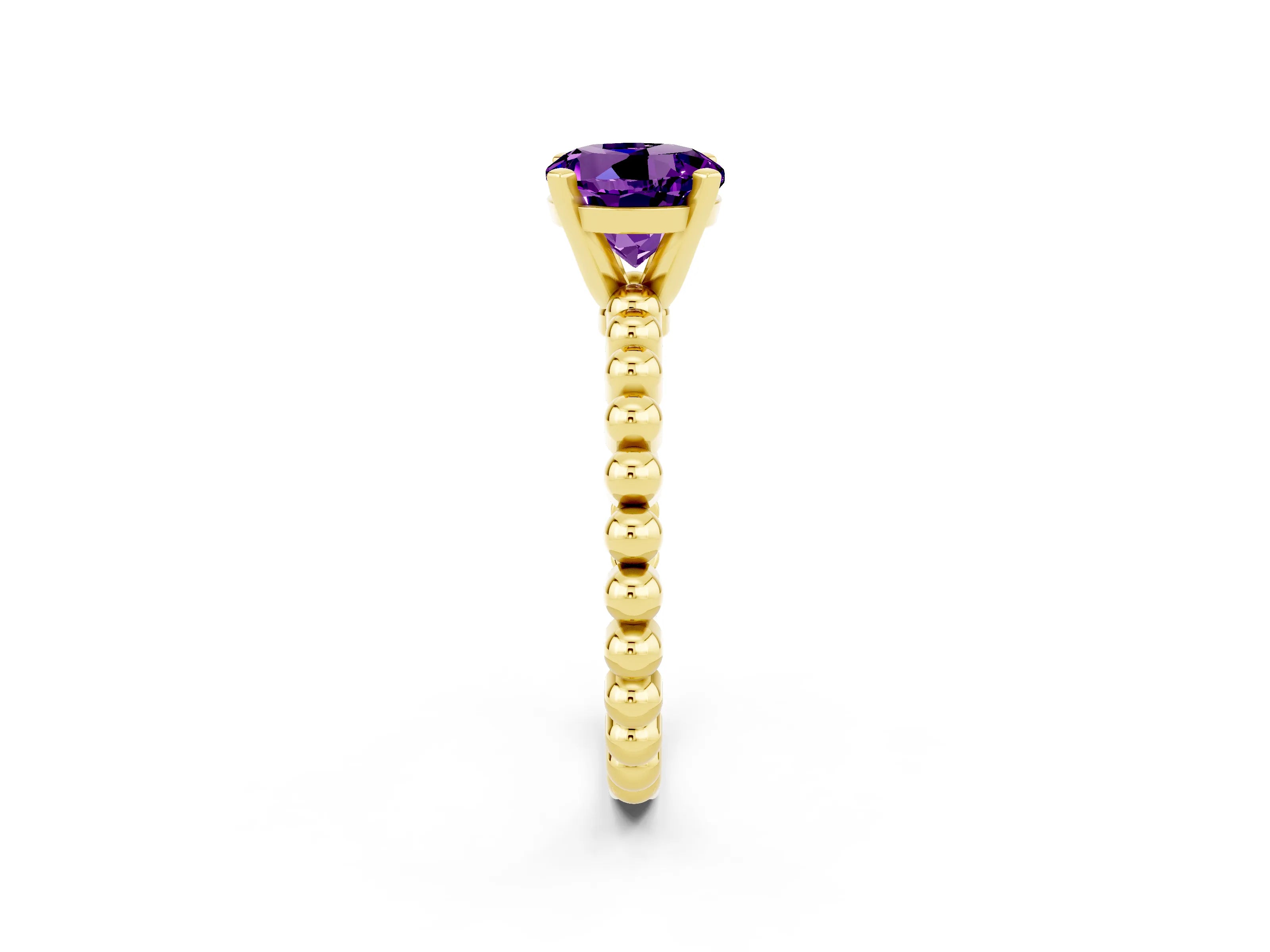 Yellow gold Round Cut Amethyst Solitaire Ring with Beaded Band and Prong Setting_2