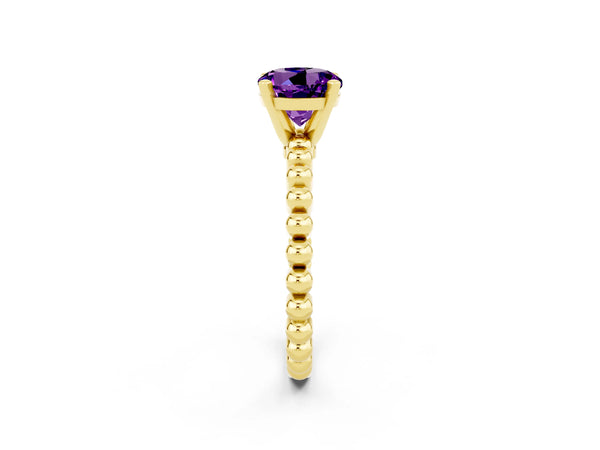 Yellow gold Round Cut Amethyst Solitaire Ring with Beaded Band and Prong Setting