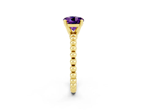 Yellow gold Round Cut Amethyst Solitaire Ring with Beaded Band and Prong Setting_2