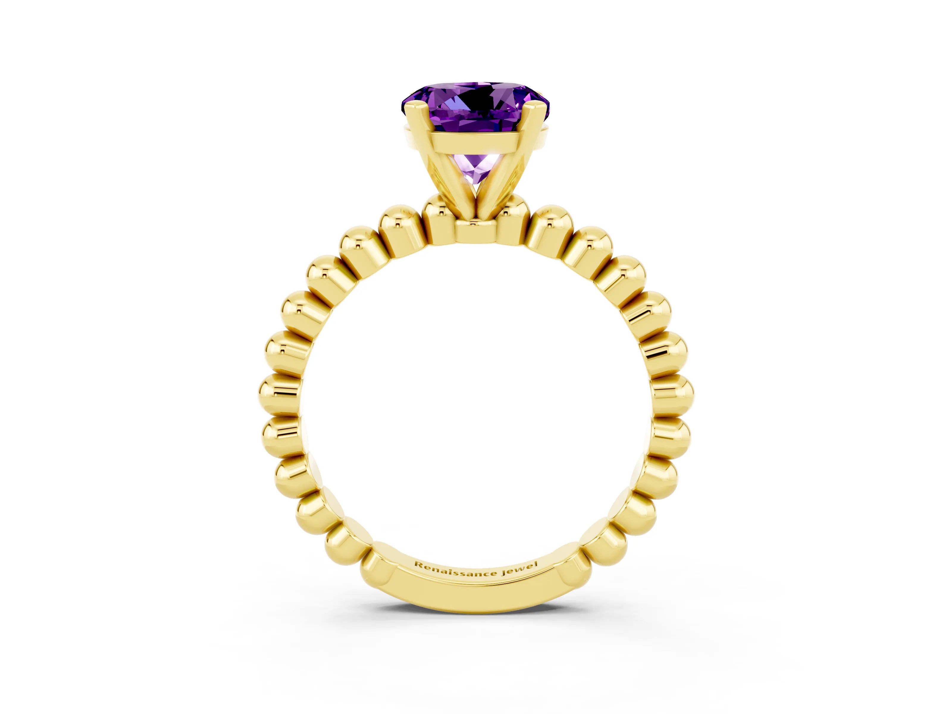 Yellow gold Round Cut Amethyst Solitaire Ring with Beaded Band and Prong Setting_3
