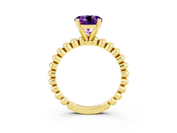 Yellow gold Round Cut Amethyst Solitaire Ring with Beaded Band and Prong Setting