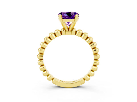 Yellow gold Round Cut Amethyst Solitaire Ring with Beaded Band and Prong Setting_3