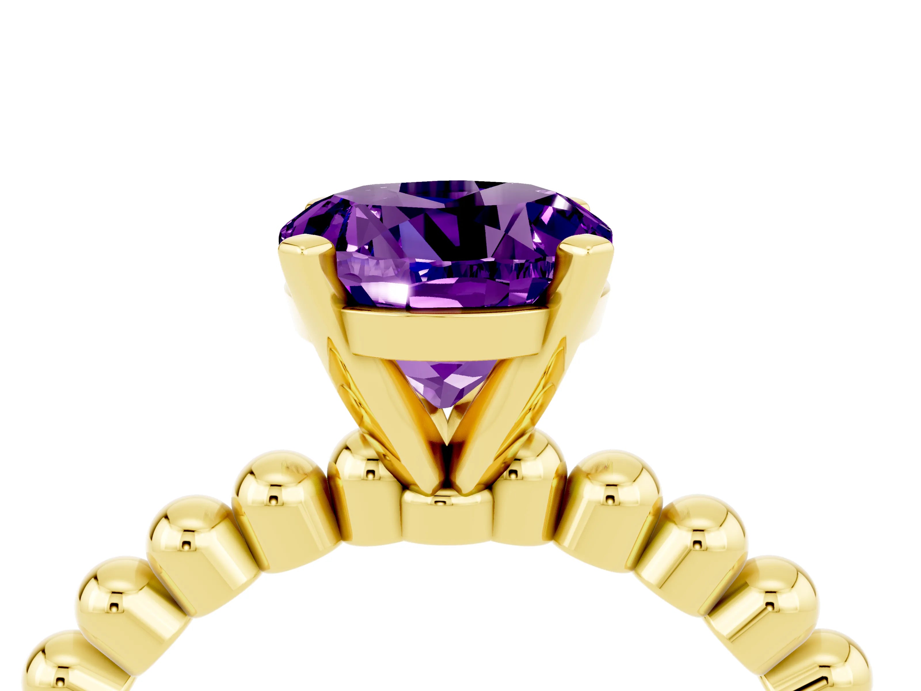 Yellow gold Round Cut Amethyst Solitaire Ring with Beaded Band and Prong Setting_4