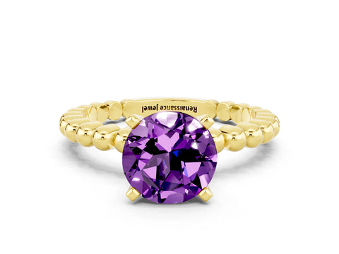 Yellow gold Round Cut Amethyst Solitaire Ring with Beaded Band and Prong Setting