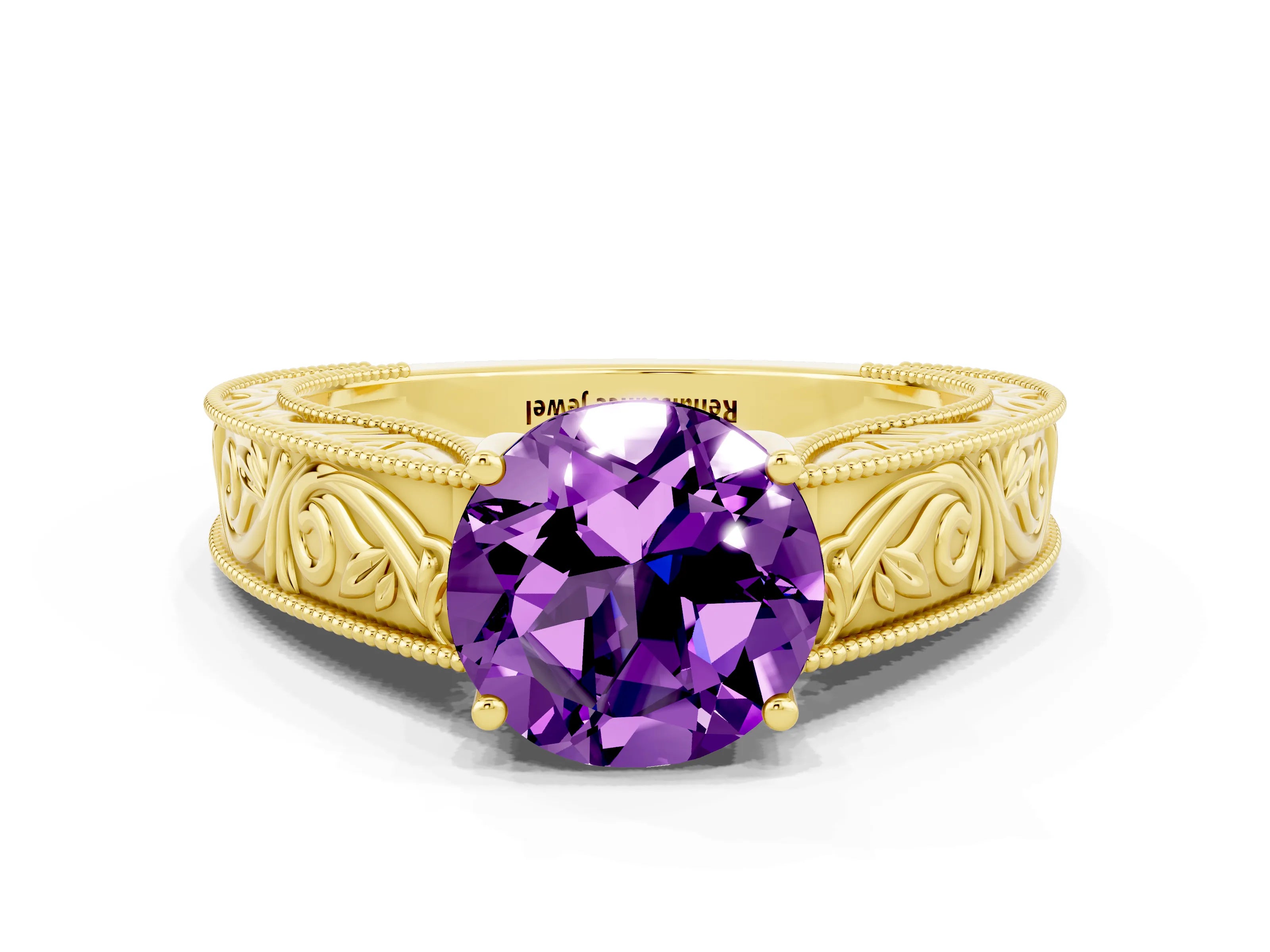 Yellow gold Round Cut Amethyst Solitaire Ring with Engraved Band and Four-Prong Setting