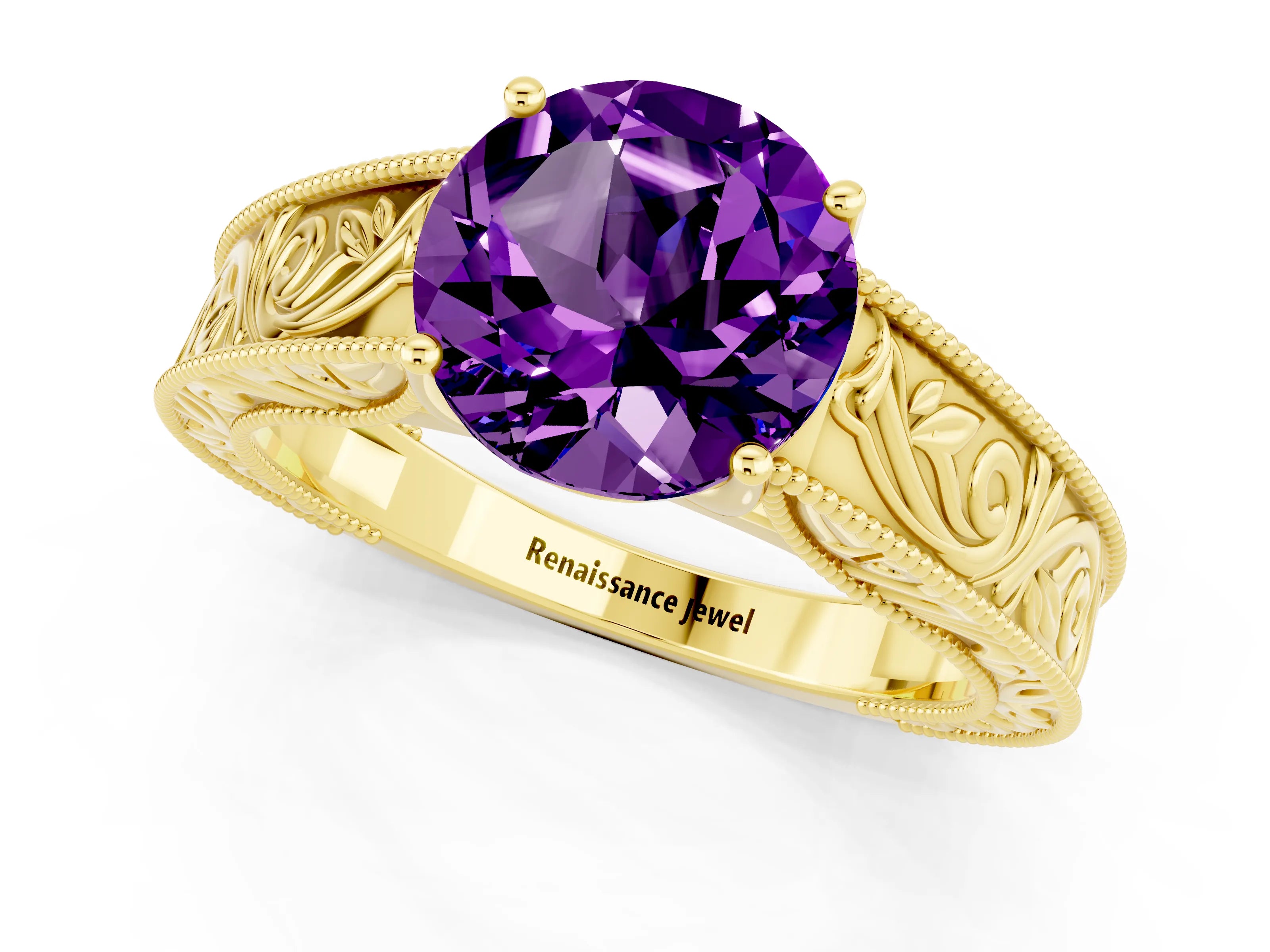 Yellow gold Round Cut Amethyst Solitaire Ring with Engraved Band and Four-Prong Setting_1