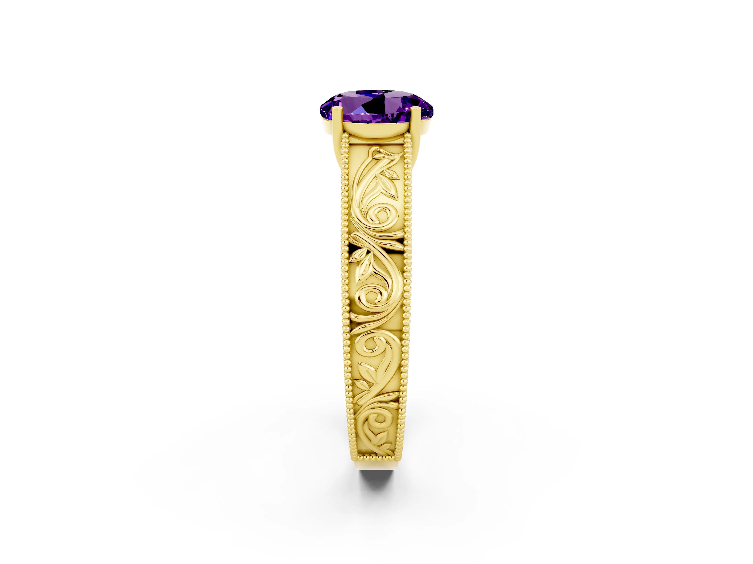 Yellow gold Round Cut Amethyst Solitaire Ring with Engraved Band and Four-Prong Setting_2
