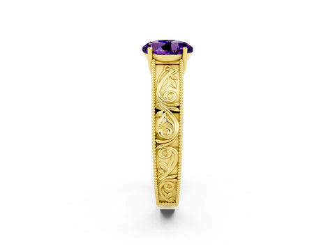 Yellow gold Round Cut Amethyst Solitaire Ring with Engraved Band and Four-Prong Setting_2