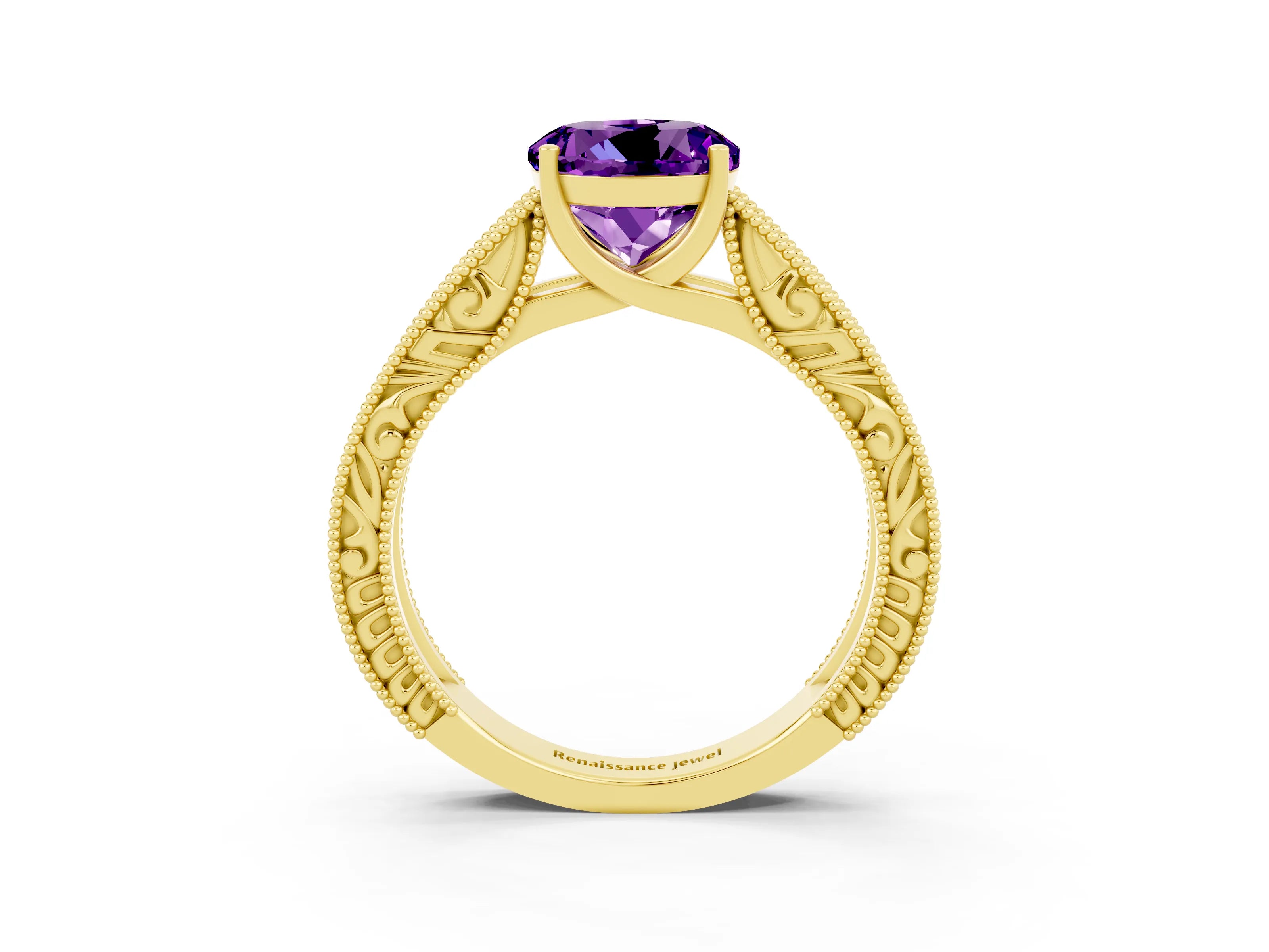 Yellow gold Round Cut Amethyst Solitaire Ring with Engraved Band and Four-Prong Setting_3