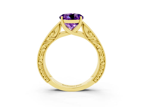 Yellow gold Round Cut Amethyst Solitaire Ring with Engraved Band and Four-Prong Setting_3