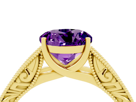Yellow gold Round Cut Amethyst Solitaire Ring with Engraved Band and Four-Prong Setting_4