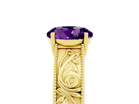 Yellow gold Round Cut Amethyst Solitaire Ring with Engraved Band and Four-Prong Setting_5