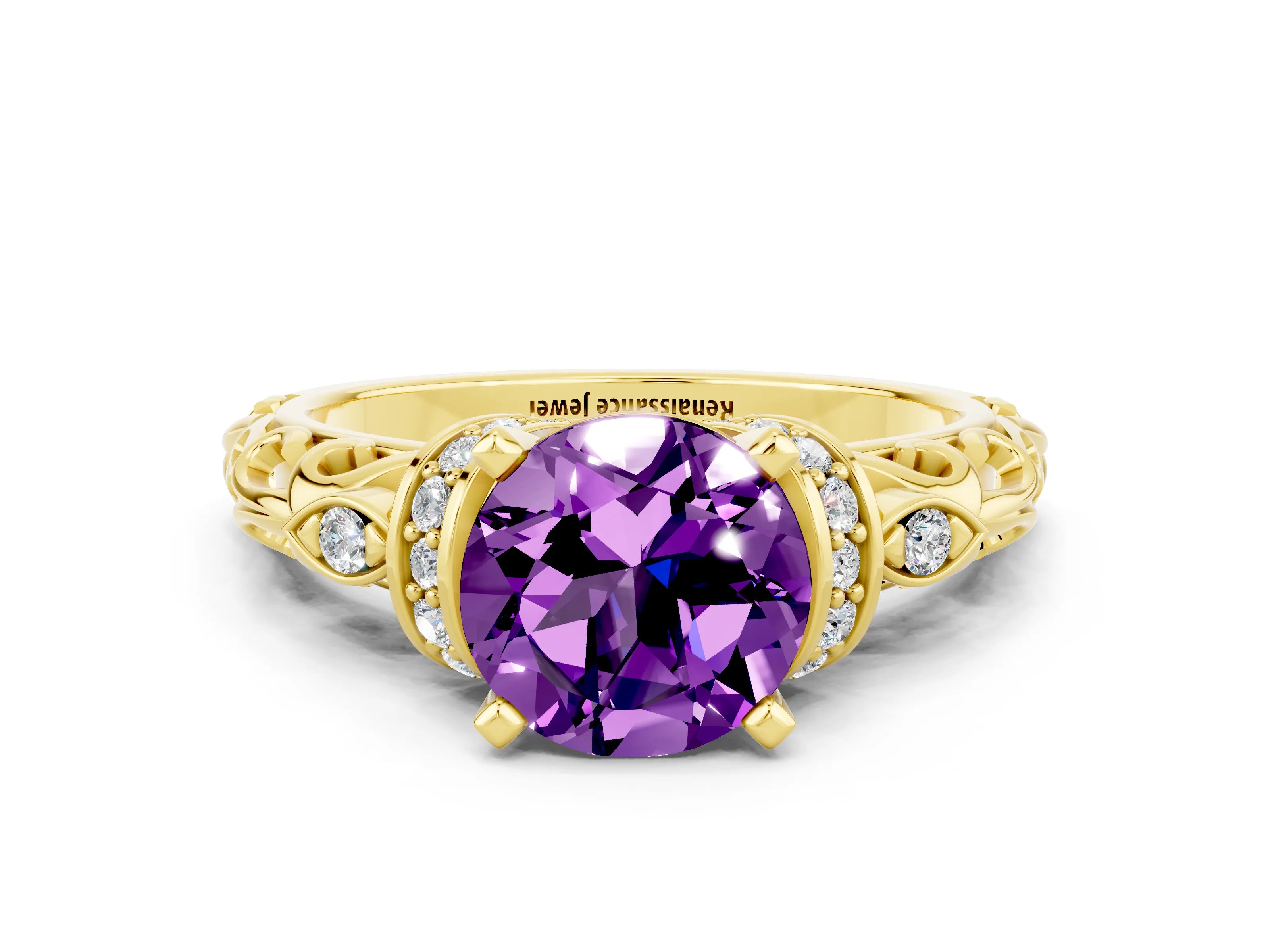 Yellow gold Round Cut Amethyst Solitaire Ring with Filigree Band and Four-Prong Setting_24