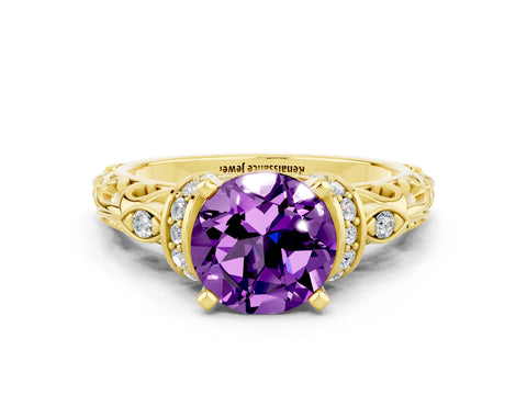 Yellow gold Round Cut Amethyst Solitaire Ring with Filigree Band and Four-Prong Setting_24