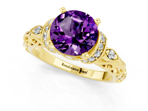 Yellow gold Round Cut Amethyst Solitaire Ring with Filigree Band and Four-Prong Setting_25