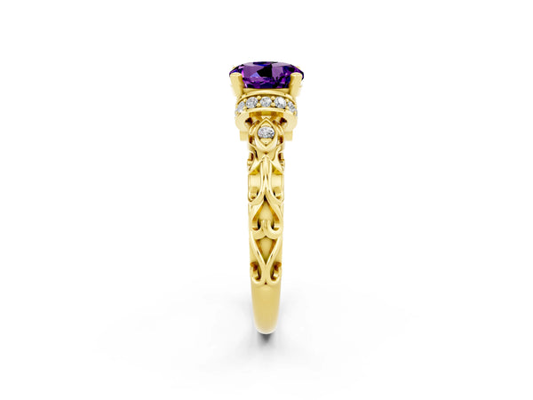 Yellow gold Round Cut Amethyst Solitaire Ring with Filigree Band and Four-Prong Setting