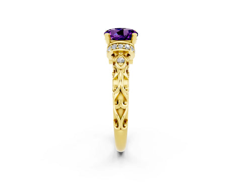 Yellow gold Round Cut Amethyst Solitaire Ring with Filigree Band and Four-Prong Setting_26