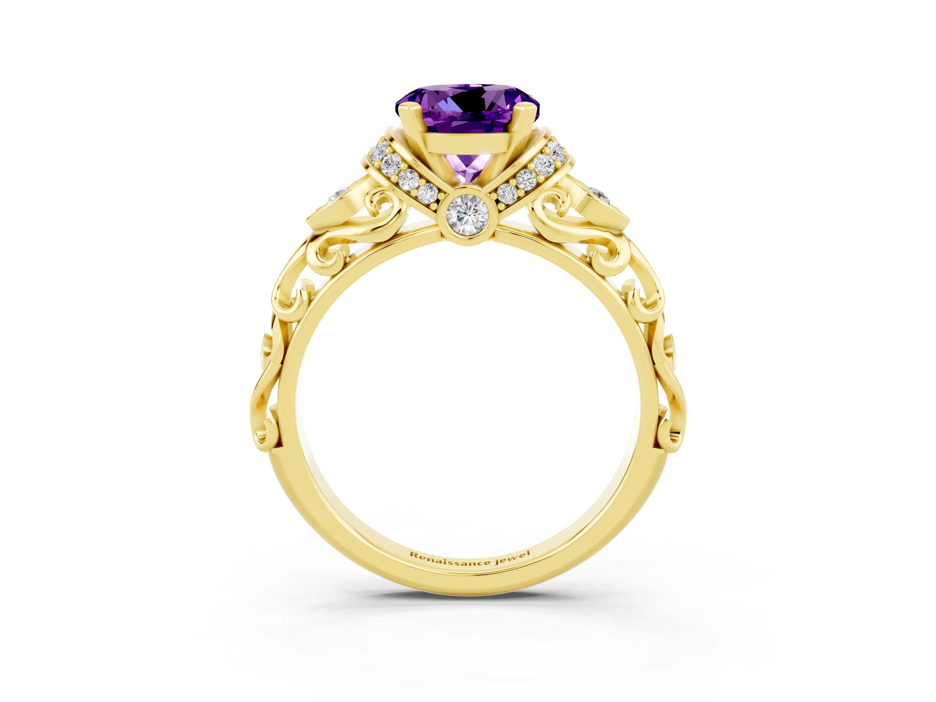 Yellow gold Round Cut Amethyst Solitaire Ring with Filigree Band and Four-Prong Setting_27