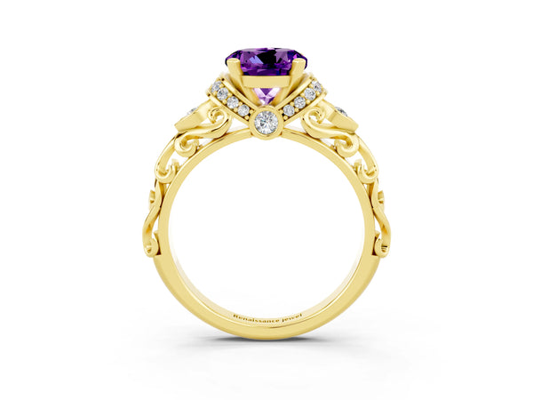 Yellow gold Round Cut Amethyst Solitaire Ring with Filigree Band and Four-Prong Setting