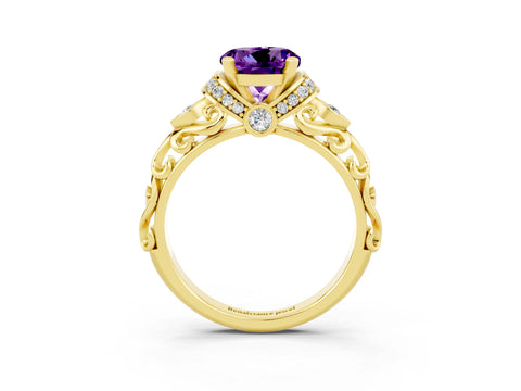 Yellow gold Round Cut Amethyst Solitaire Ring with Filigree Band and Four-Prong Setting_27