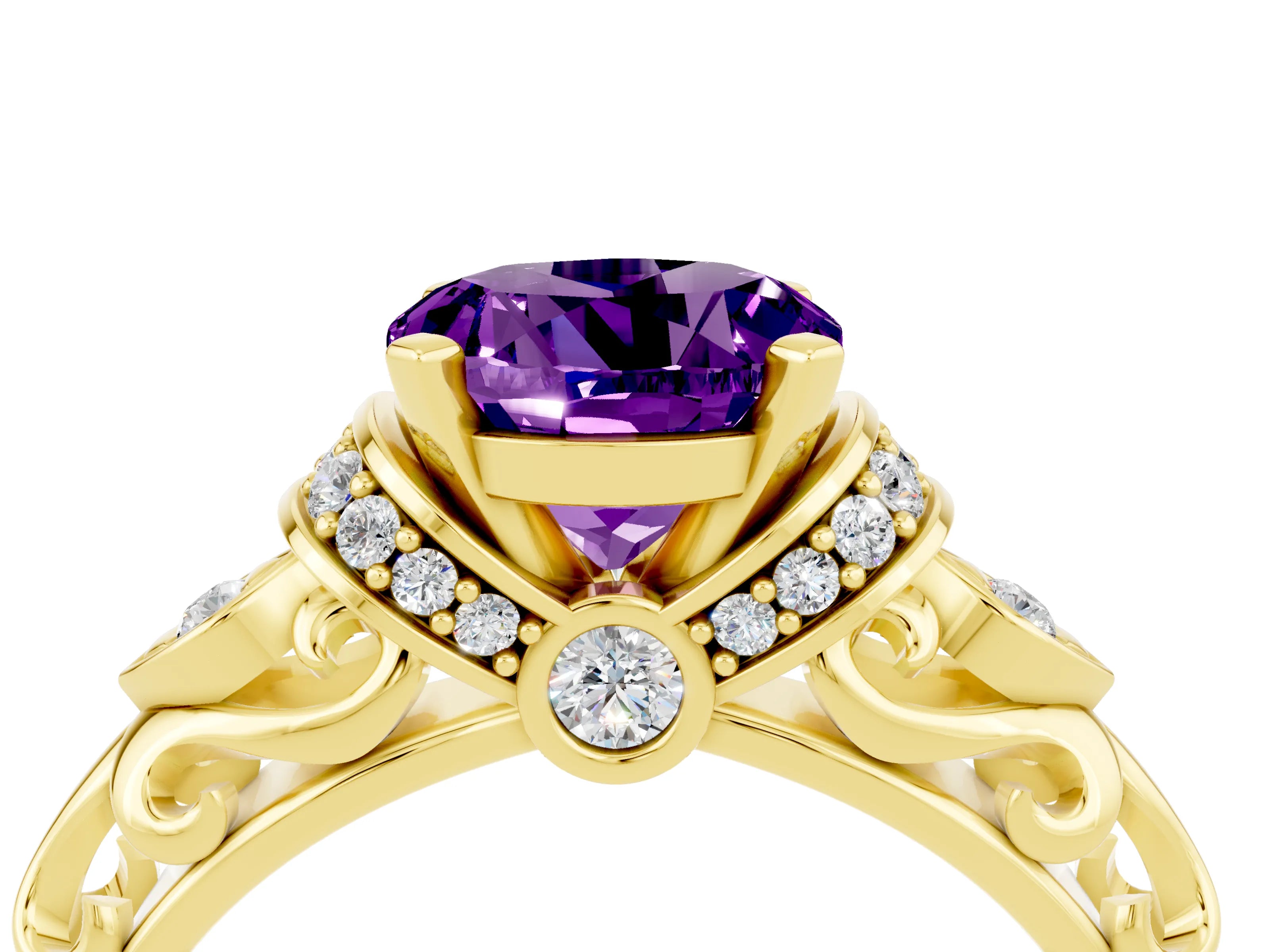 Yellow gold Round Cut Amethyst Solitaire Ring with Filigree Band and Four-Prong Setting_28