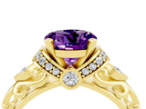 Yellow gold Round Cut Amethyst Solitaire Ring with Filigree Band and Four-Prong Setting_28