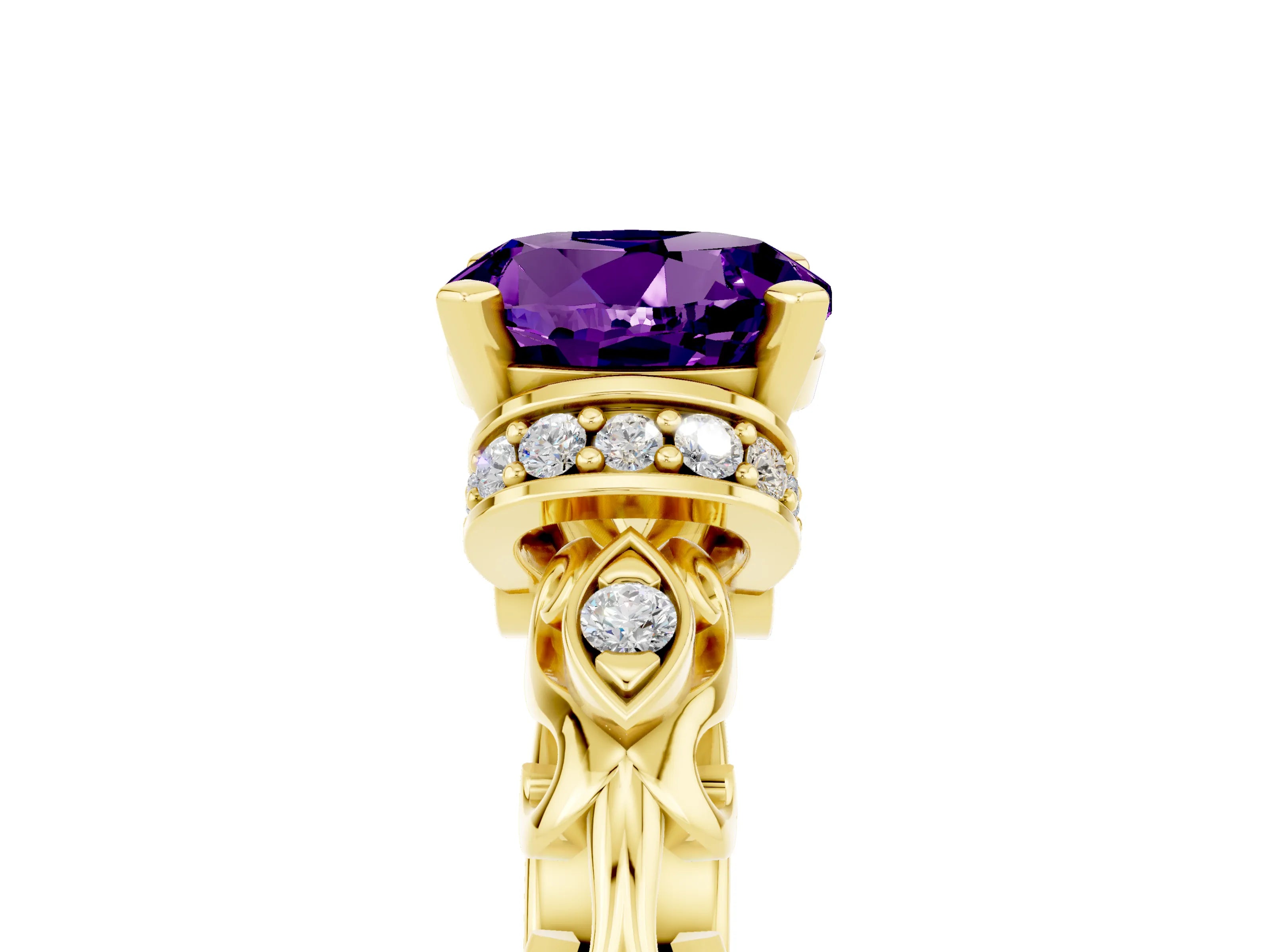 Yellow gold Round Cut Amethyst Solitaire Ring with Filigree Band and Four-Prong Setting_29