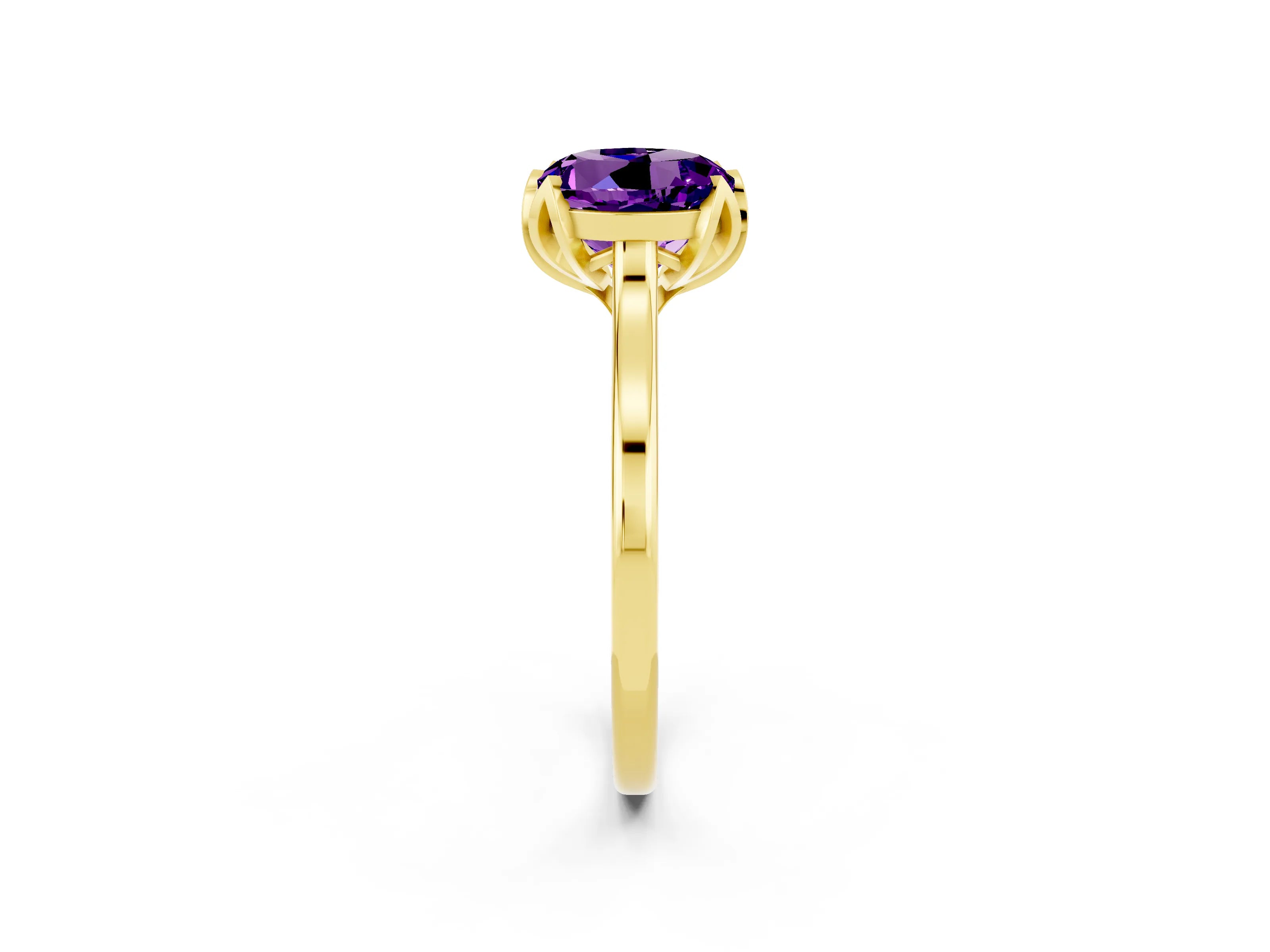 Yellow gold Round Cut Amethyst Solitaire Ring with Flower Prong Setting and Classic Band_14