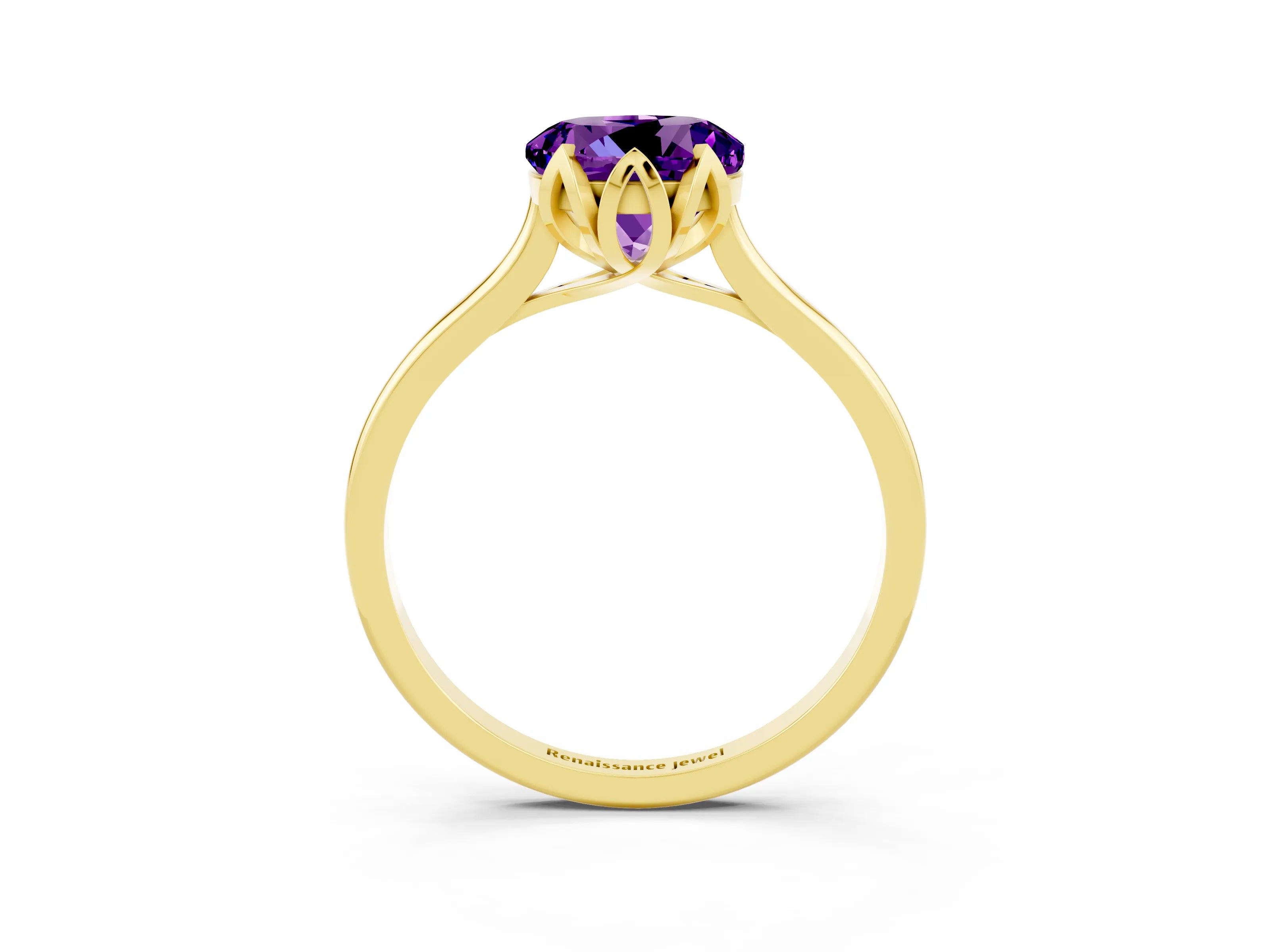 Yellow gold Round Cut Amethyst Solitaire Ring with Flower Prong Setting and Classic Band_15