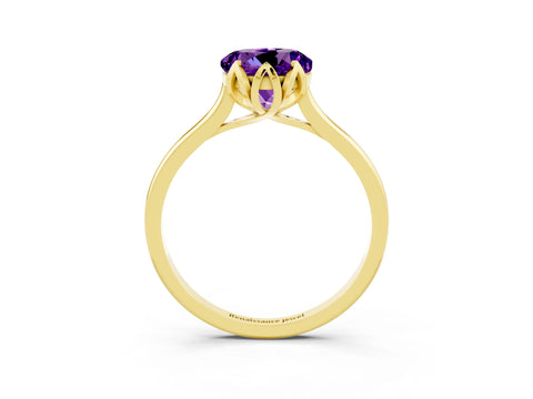 Yellow gold Round Cut Amethyst Solitaire Ring with Flower Prong Setting and Classic Band_15