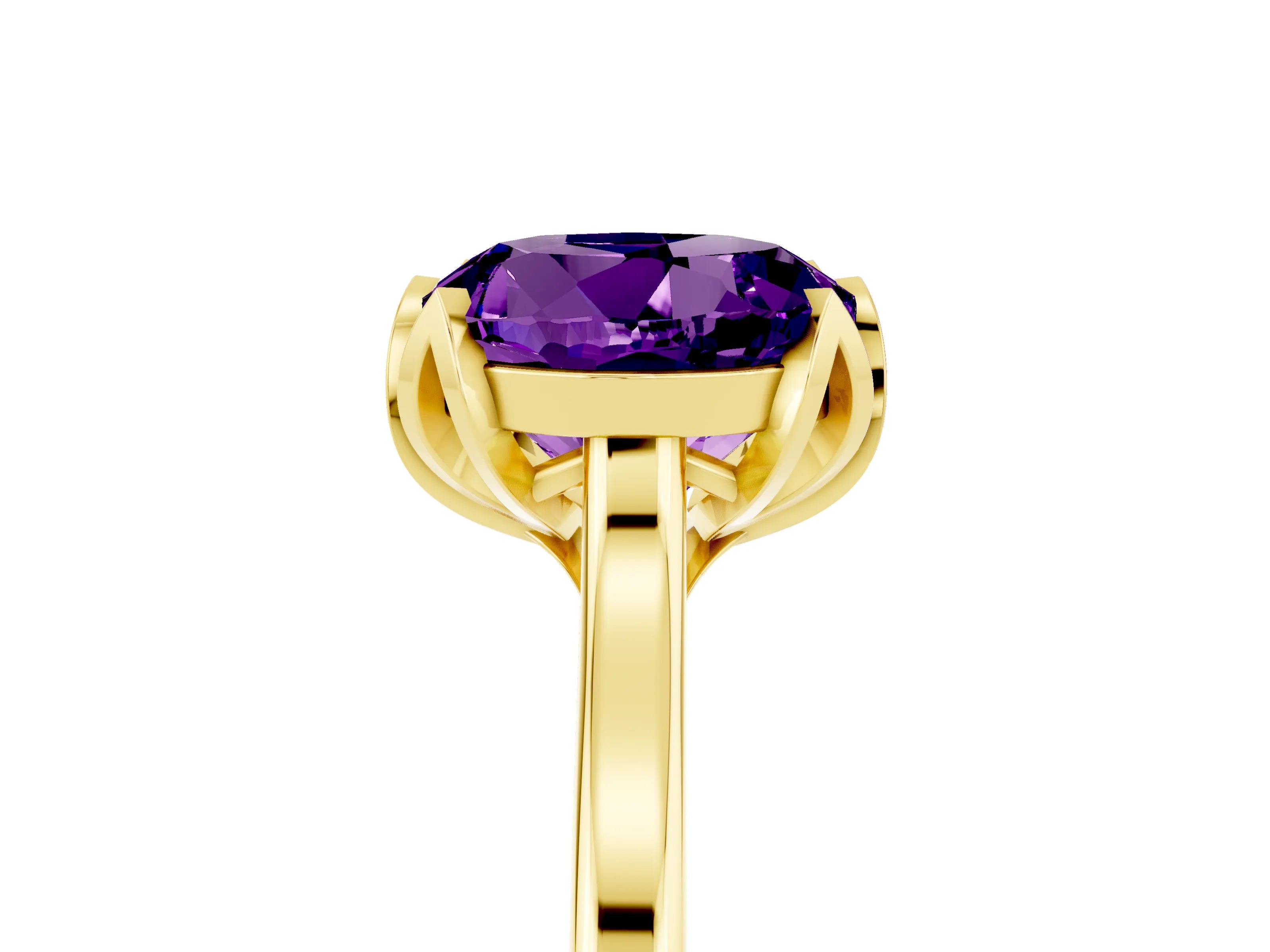 Yellow gold Round Cut Amethyst Solitaire Ring with Flower Prong Setting and Classic Band_17