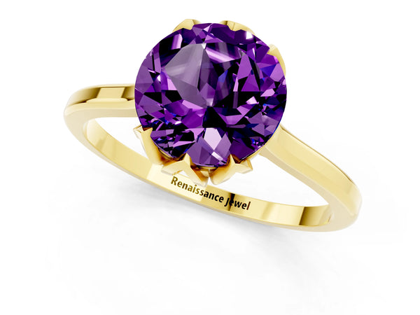 Yellow gold Round Cut Amethyst Solitaire Ring with Flower Prong Setting and Classic Band