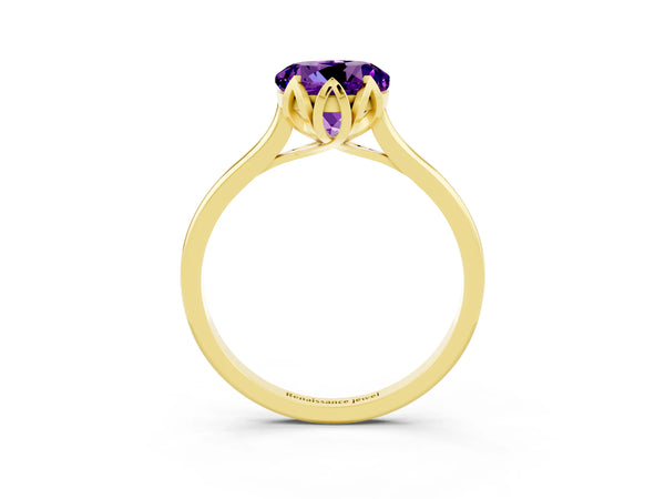 Yellow gold Round Cut Amethyst Solitaire Ring with Flower Prong Setting and Classic Band