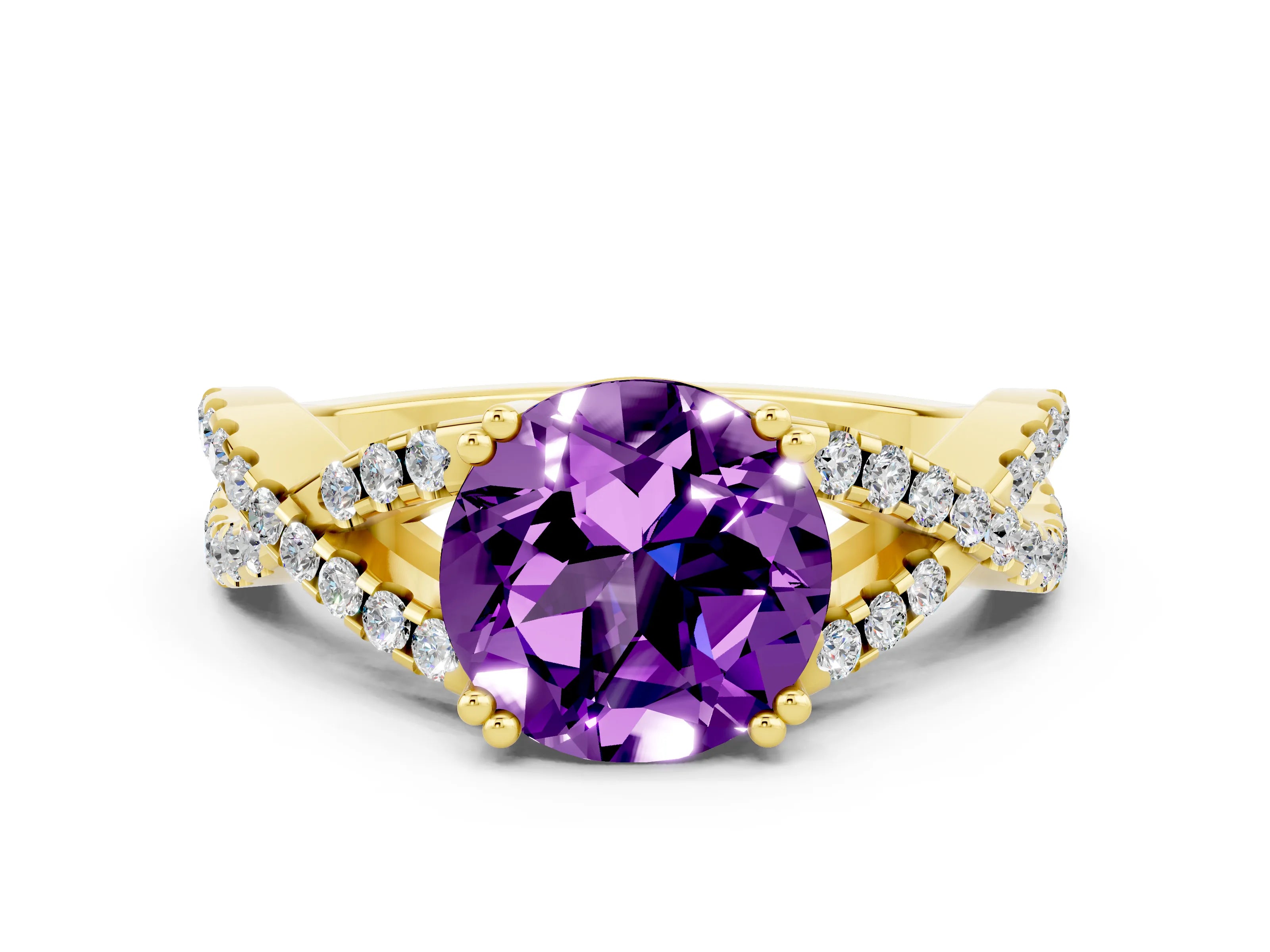 Yellow gold Round Cut Amethyst Solitaire Ring with Four-Prong Setting and Twisted Pavé Band