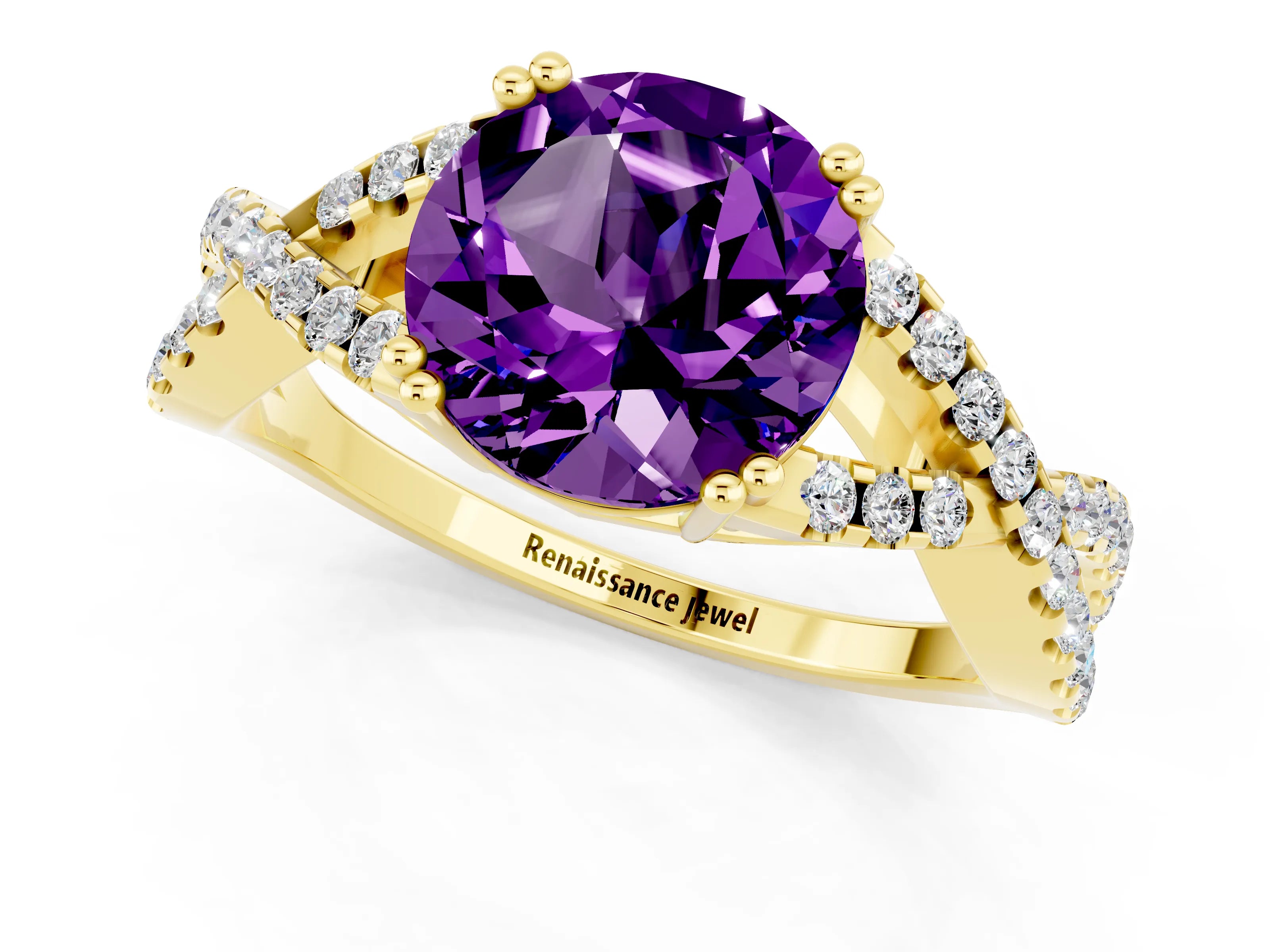 Yellow gold Round Cut Amethyst Solitaire Ring with Four-Prong Setting and Twisted Pavé Band_1