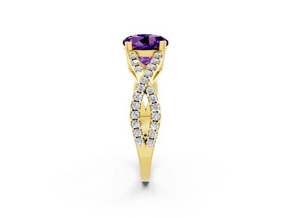 Yellow gold Round Cut Amethyst Solitaire Ring with Four-Prong Setting and Twisted Pavé Band